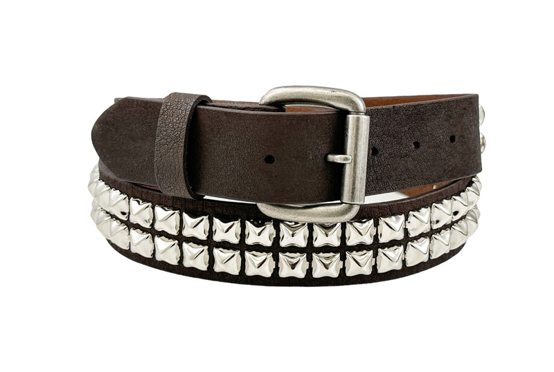 BROWN LEATHER TWO ROW STUDDED GENUINE LEATHER BELT