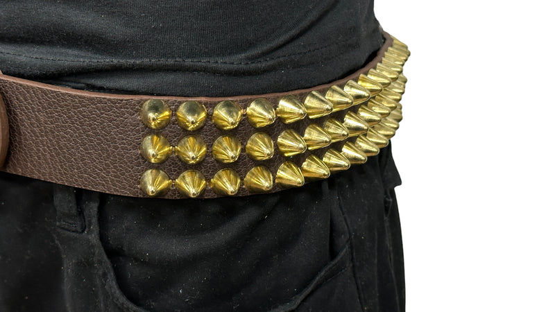 BROWN LEATHER THREE ROW GOLD UK77 CONE STUDDED GENUINE LEATHER BELT