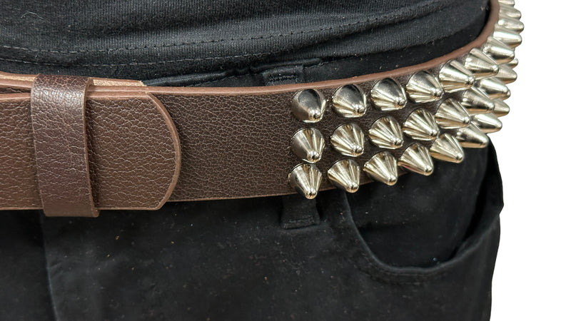 BROWN LEATHER THREE ROW UK77 CONE STUDDED GENUINE LEATHER BELT