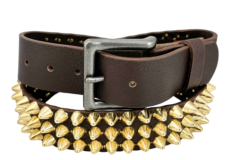BROWN LEATHER THREE ROW GOLD UK77 CONE STUDDED GENUINE LEATHER BELT