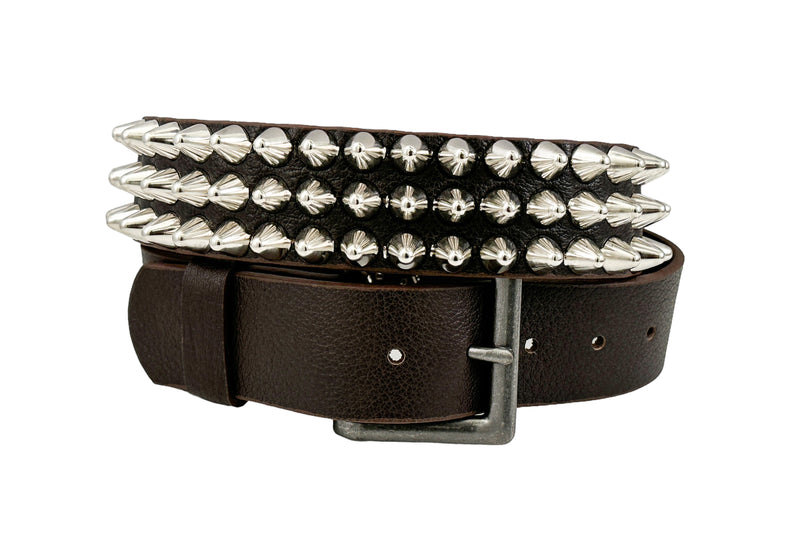 BROWN LEATHER THREE ROW UK77 CONE STUDDED GENUINE LEATHER BELT