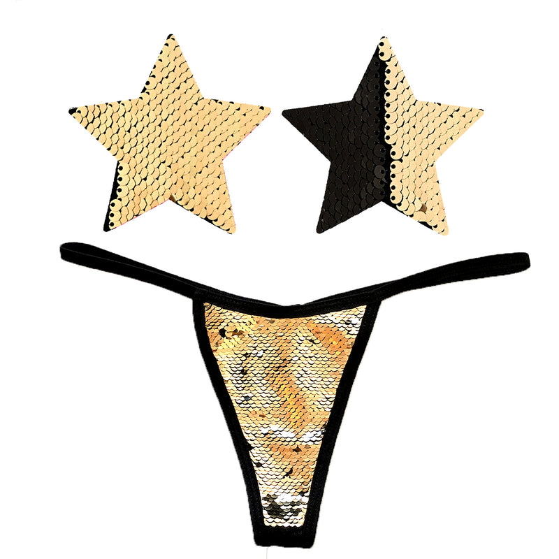 Athena Gold Black Sequin G String Naughty Knix with Pasties Set