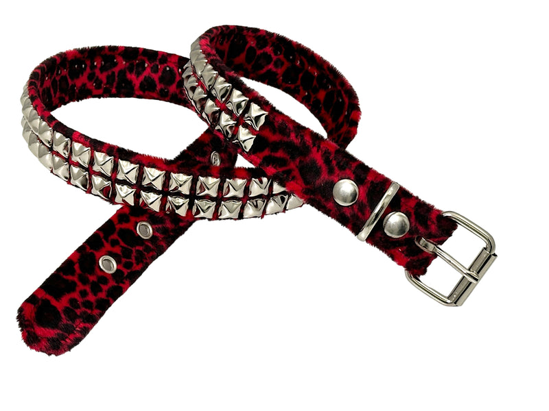 RED LEOPARD RED 2 ROW PYRAMID STUDDED  BELT
