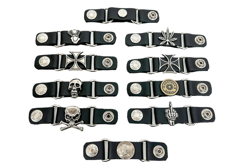 LEATHER VEST EXTENDER WITH SNAP BUTTON IRON CROSS, SKULL, FINGER ETC