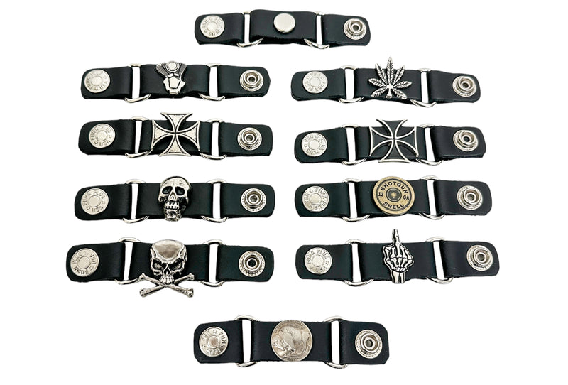 LEATHER VEST EXTENDER WITH SNAP BUTTON IRON CROSS, SKULL, FINGER ETC