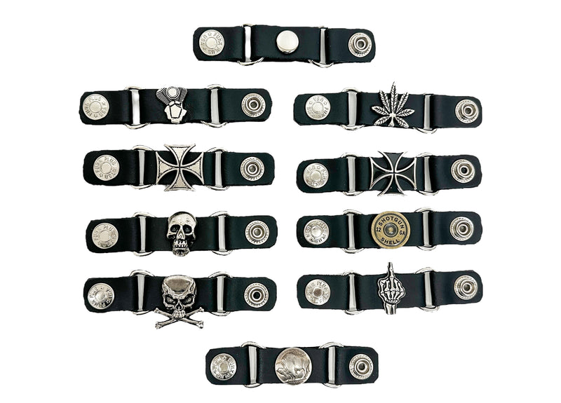 LEATHER VEST EXTENDER WITH SNAP BUTTON IRON CROSS, SKULL, FINGER ETC