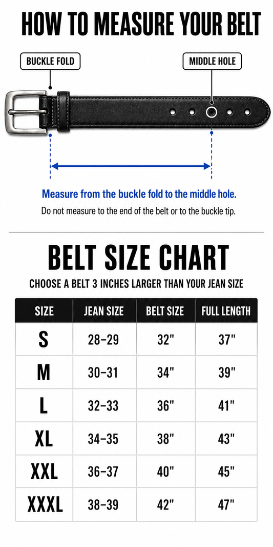PunkAddict belt measuring guide and belt size chart