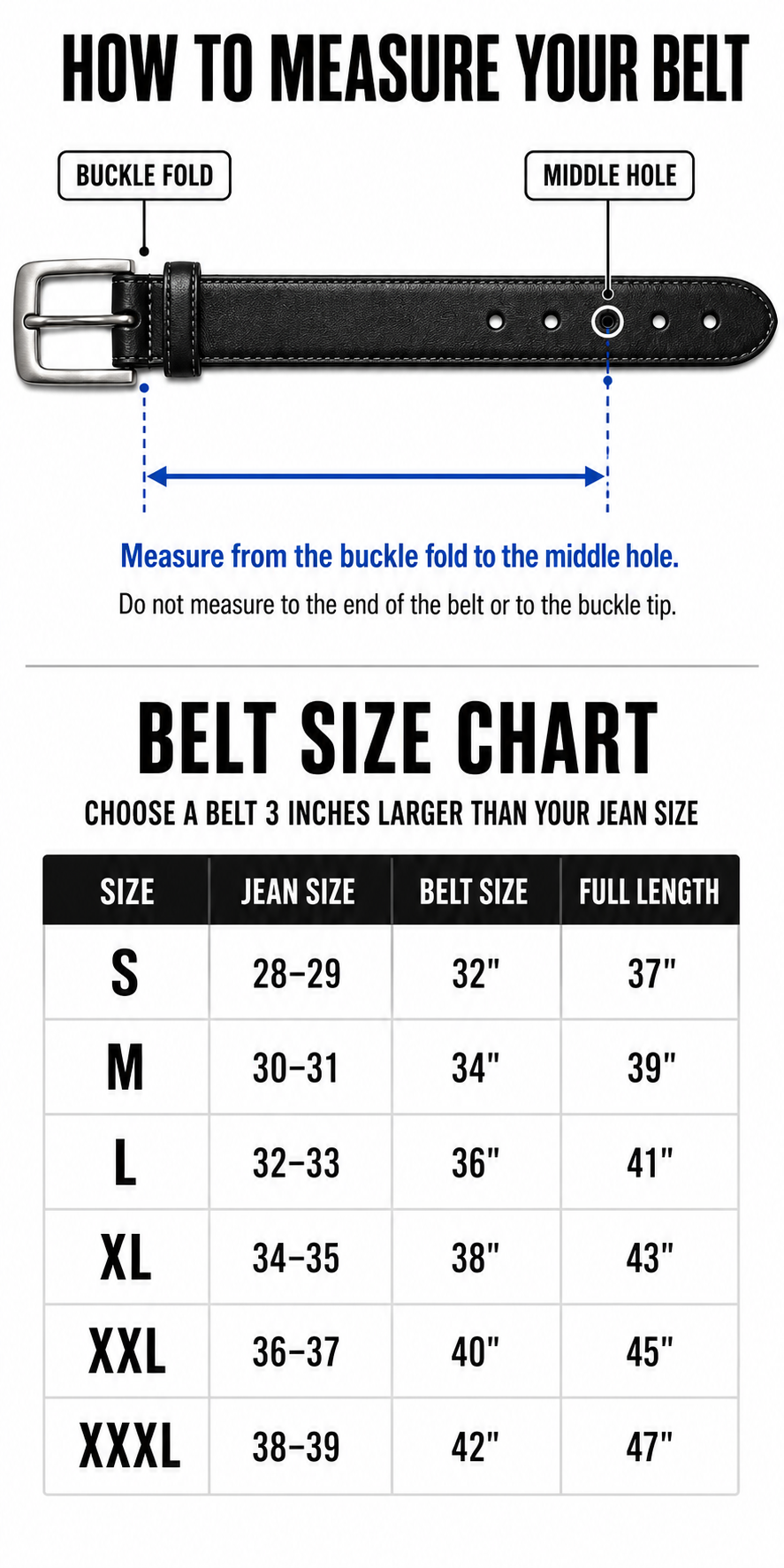 PunkAddict belt measuring guide and belt size chart