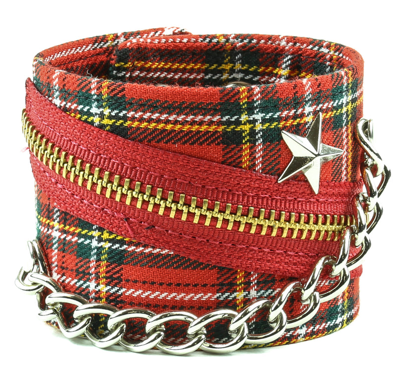 ASSORTED PLAID BRACELET WITH STAR STUD, CHAIN & ZIPPER, 2 1/2" WIDE