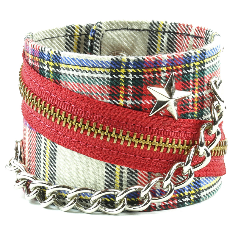 ASSORTED PLAID BRACELET WITH STAR STUD, CHAIN & ZIPPER, 2 1/2" WIDE