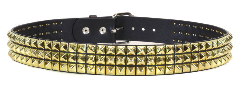 Gold Stud Pyramid Black Leather 3 Row Studded Belt By Funk Plus