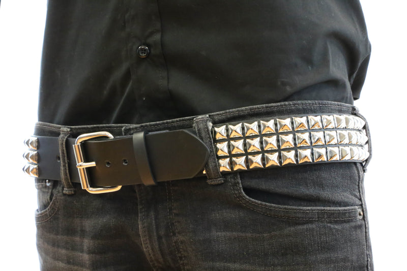 Mens Studded Belt 3 Row Studs Diamond Black Leather Casual Wear
