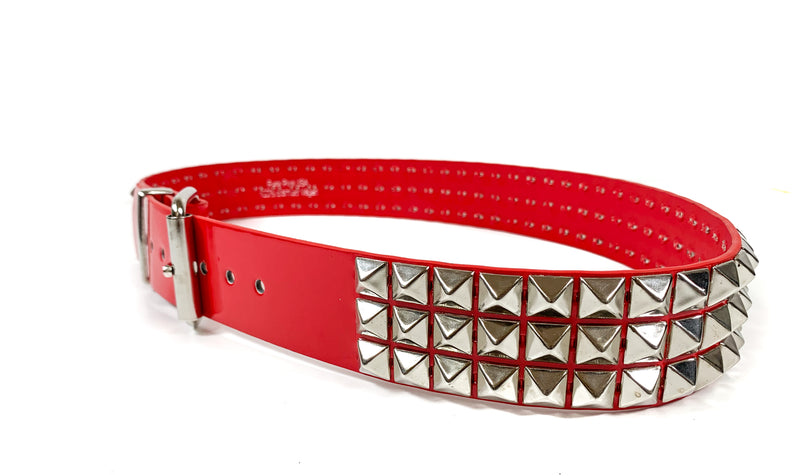 Red Patent Vegan 3 Row Silver Pyramid Studded Belt By Funk Plus