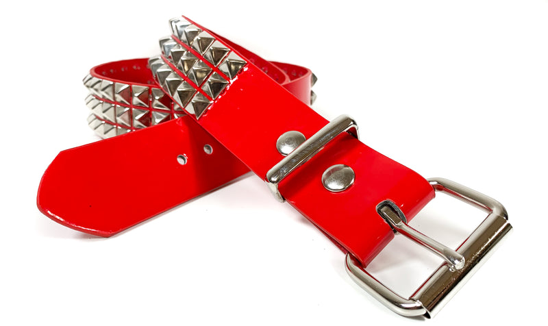 Red Patent Vegan 3 Row Silver Pyramid Studded Belt By Funk Plus