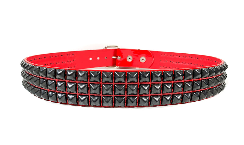 Red Patent Vegan 3 Row Gun Metal Pyramid Studded Belt By Funk Plus