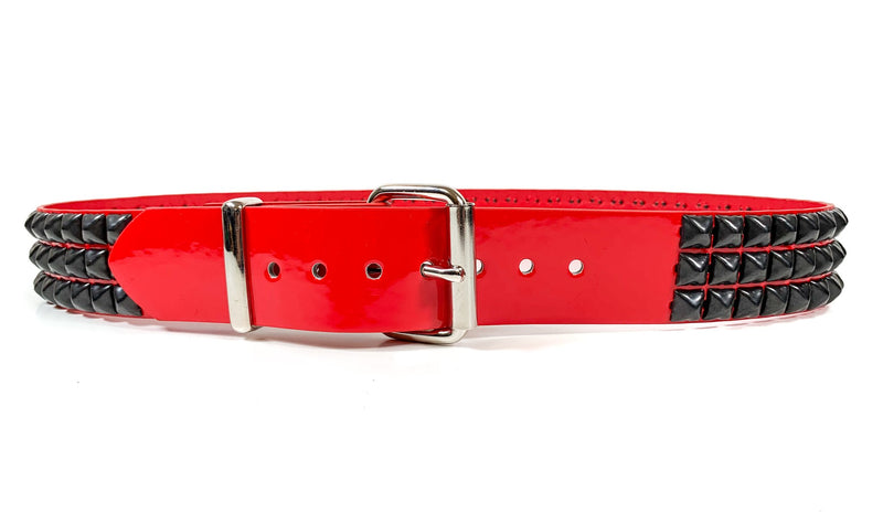 Red Shiny Patent Black Gun Metal  Studded Punk Style Belt