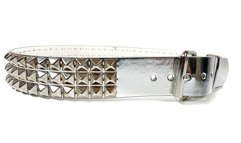 Silver Patent Vegan 3 Row Silver Pyramid Studded Belt By Funk Plus