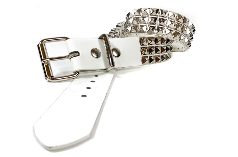 White Patent Vegan 3 Row Silver Pyramid Studded Belt By Funk Plus