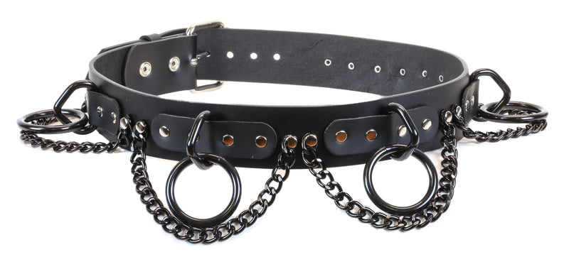 Large Black Ring Hanging Chain Bondage Wide Belt Genuine Leather