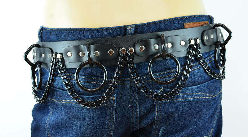 Large Black Ring Hanging Chain Bondage Wide Belt Genuine Leather