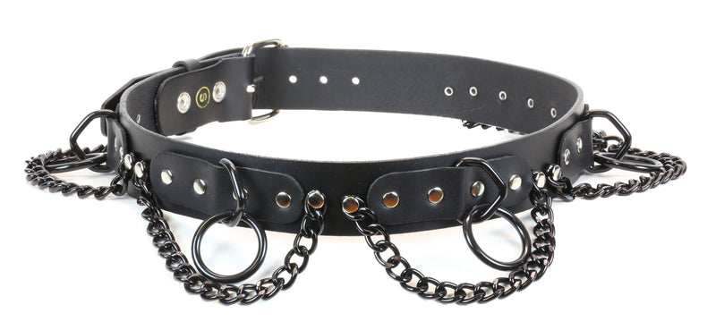 Medium Black Ring Hanging Chain Bondage Wide Belt Genuine Leather