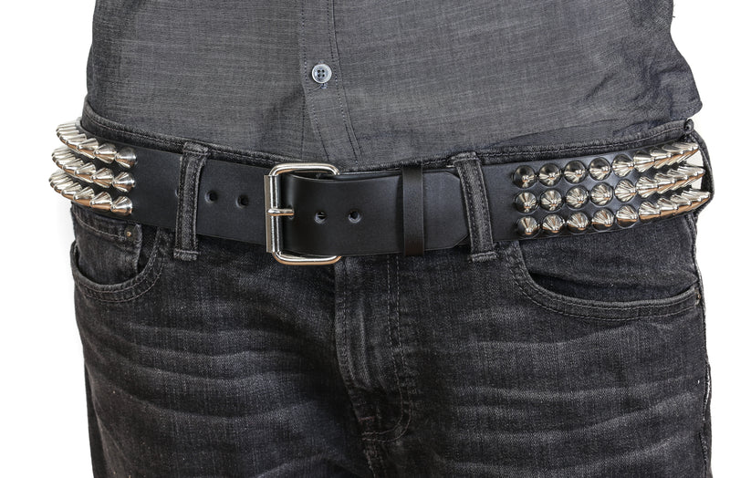 Three Row UK77 Conehead Stud Heavy Duty Genuine Leather Belt