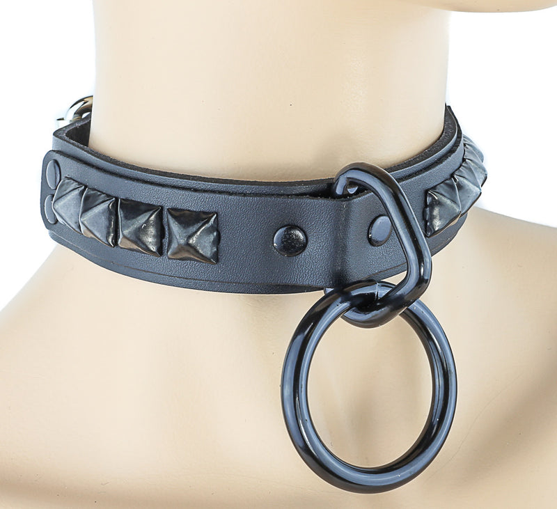 Bondage Black Studded Leather Choker with Large Black O Ring