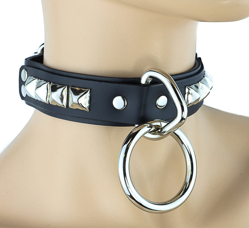 Bondage Silver Studded Leather Choker with Large Silver O Ring