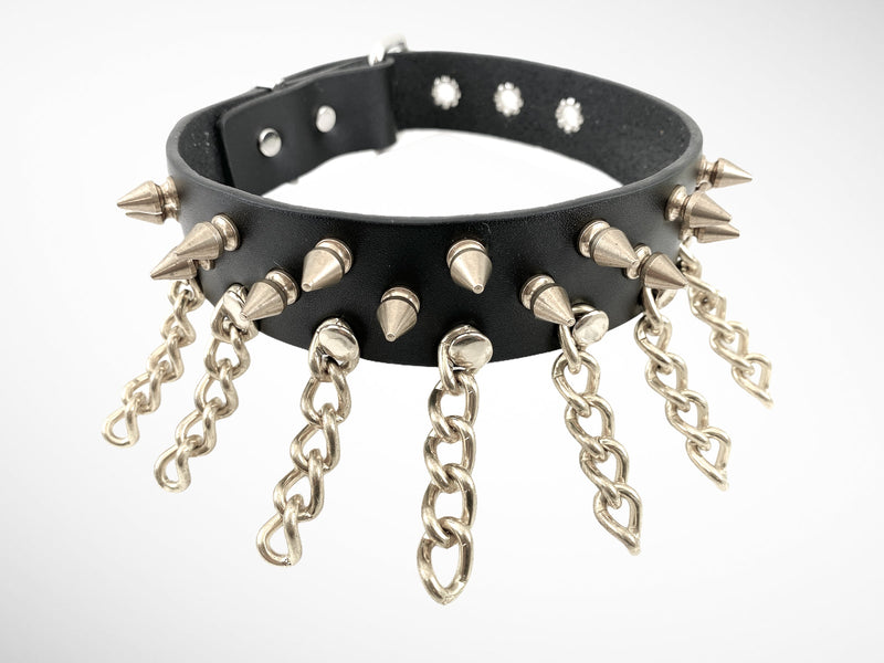 1 1/8" BLACK LEATHER CHOKER WITH 1/2" &amp; 1" SPIKES AND CHAIN