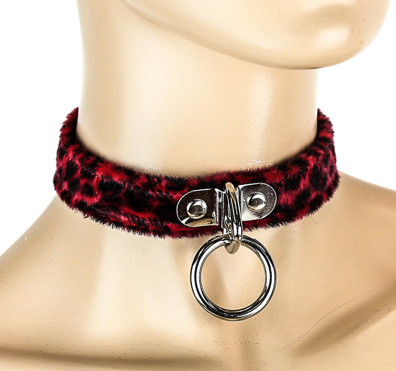 Bondage Thin Red Printed Fabric Choker with Silver O Ring
