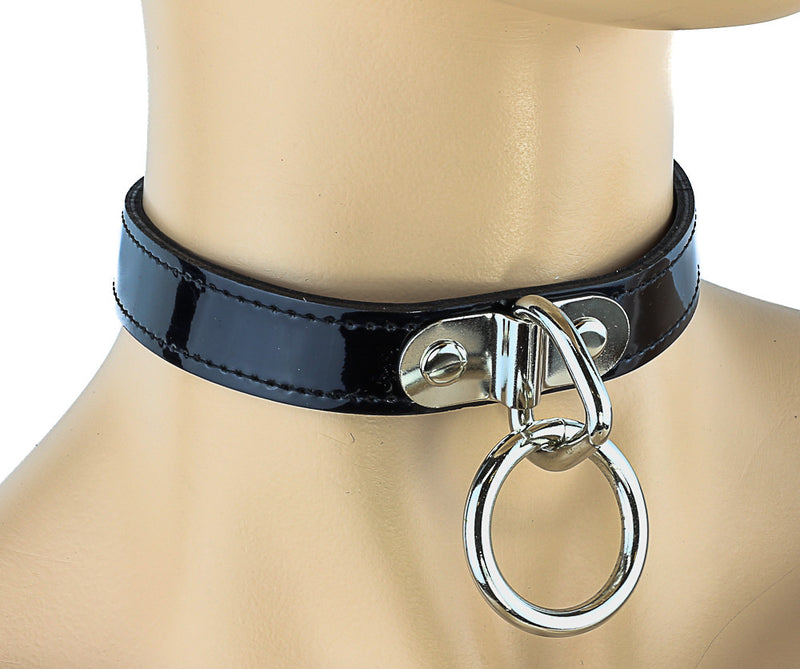 Bondage Thin Black Leather Choker with Silver O Ring