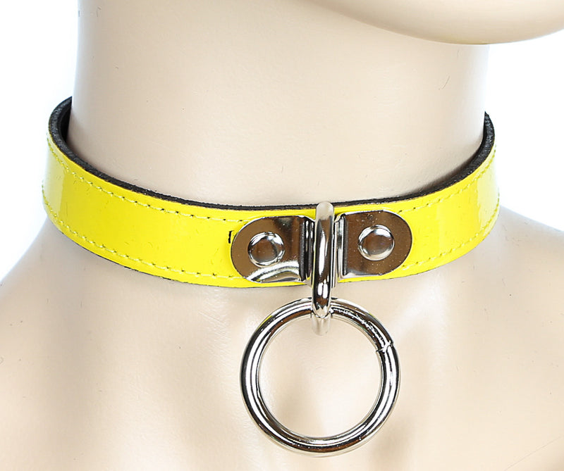 Bondage Thin Yellow Leather Choker with Silver O Ring