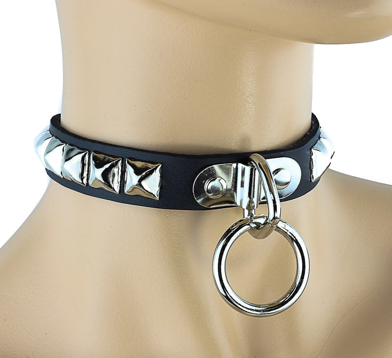 Bondage Thin Silver Studded Choker with Silver O Ring