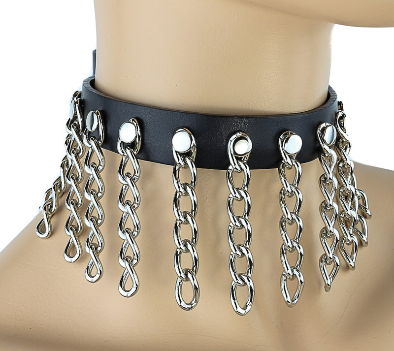 Black Leather Choker With Extended Chains