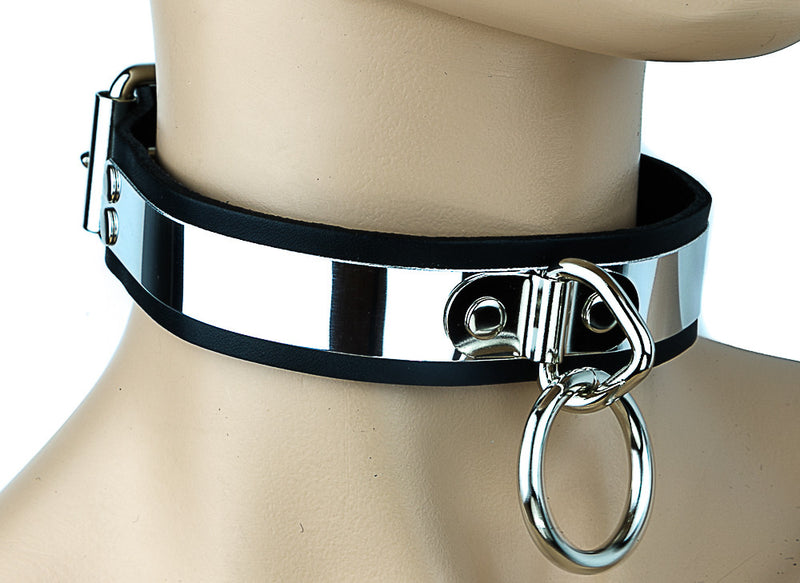 Bondage Silver-Banded Black Leather Choker with Silver O Ring