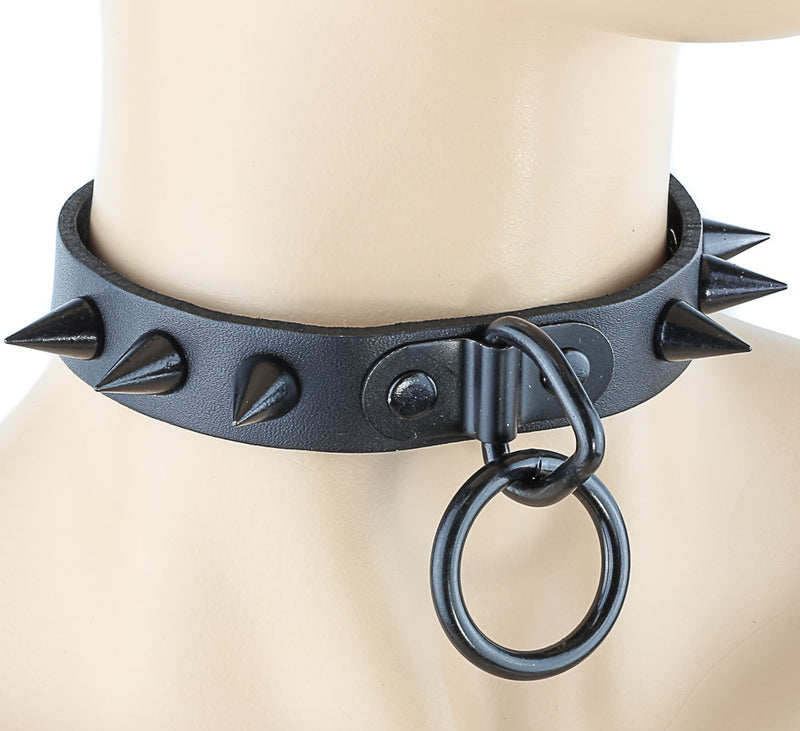 Bondage Spiked Black Leather Choker with Silver O Ring