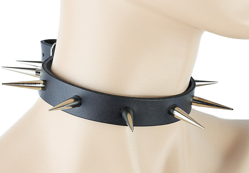 Large Cone-Shaped Spikes on Black Leather Choker