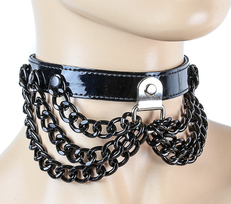 Black Patent Choker with Black Hanging Chains