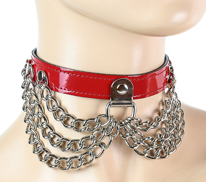Red Patent Choker with Silver Hanging Chains