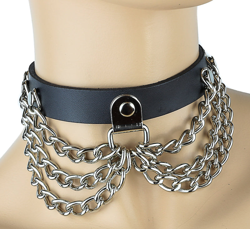 Black Leather Choker with Silver Hanging Chains