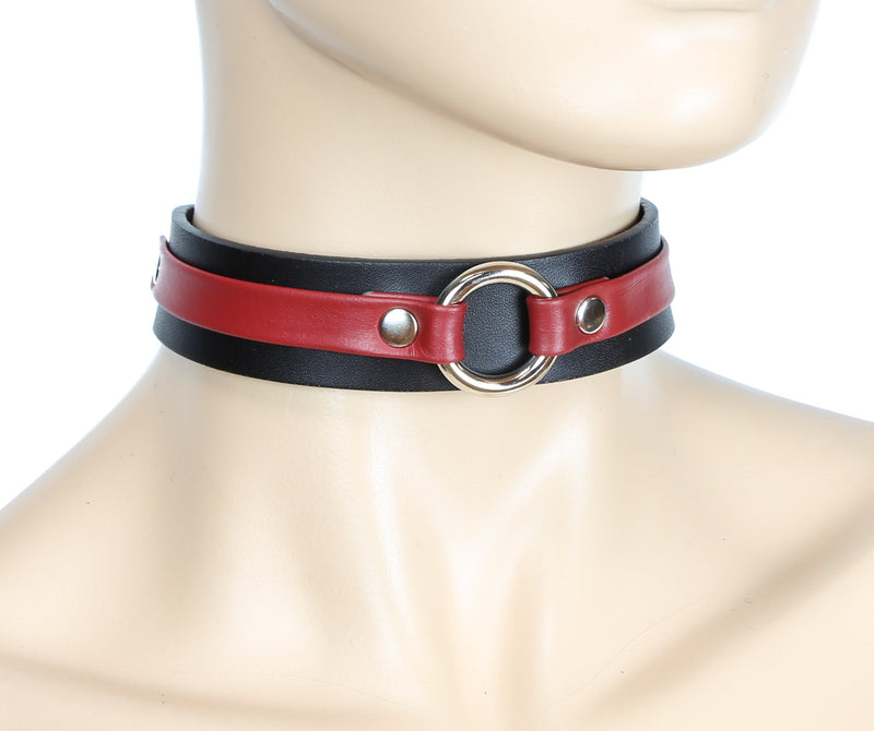 Red-banded Bondage Choker with Silver Ring