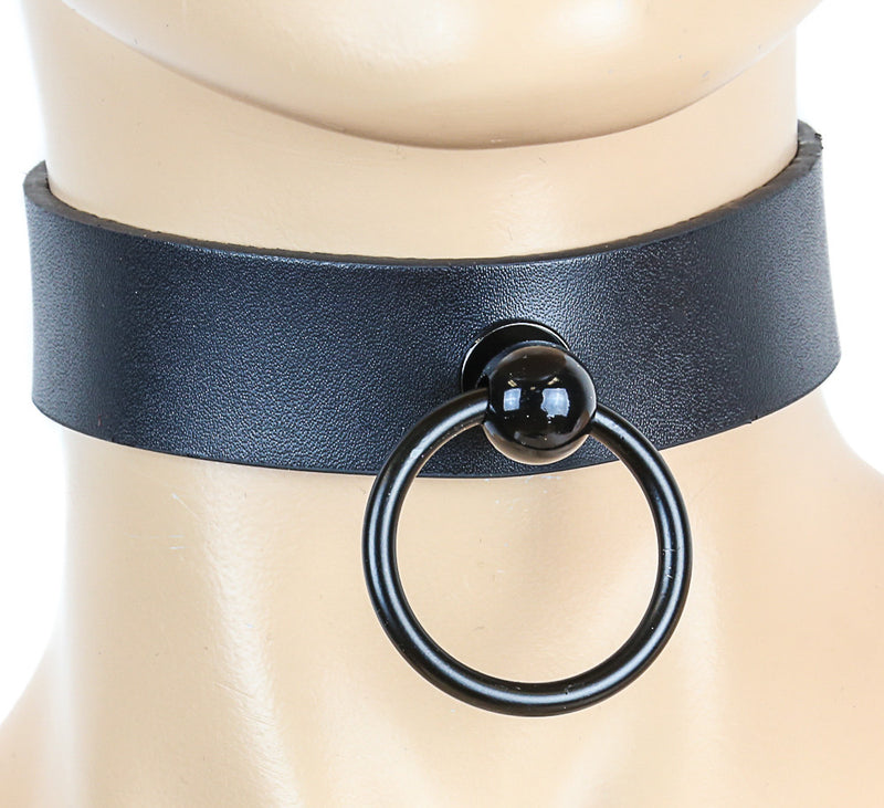 Bondage Black Leather Choker with Black O Ring