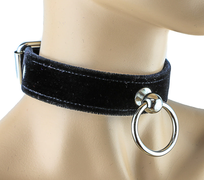 Bondage Black Velvet Choker with Silver O Ring and Buckle