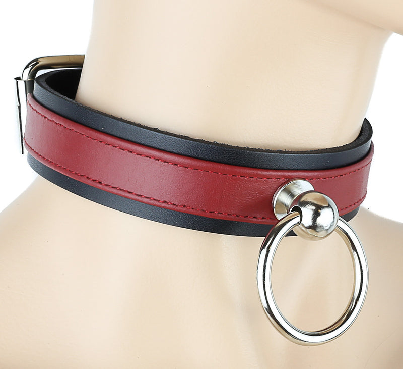 Bondage Red-Banded Black Choker with Silver O Ring and Buckle