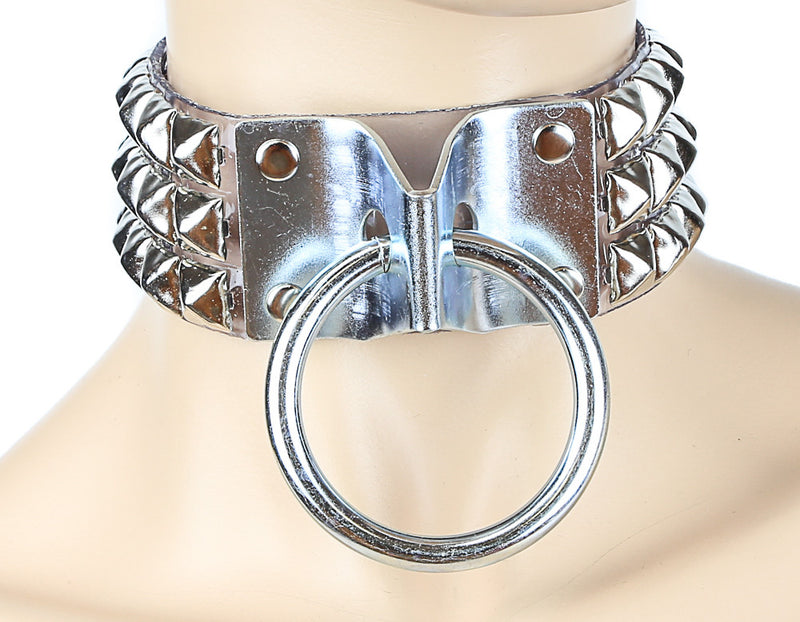 Bondage Silver-Studded Door-Knocker Choker With Large O Ring