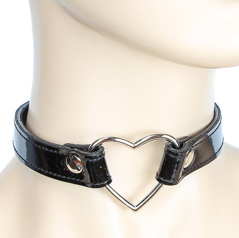 Patent Black Choker with Heart-Shaped Ring