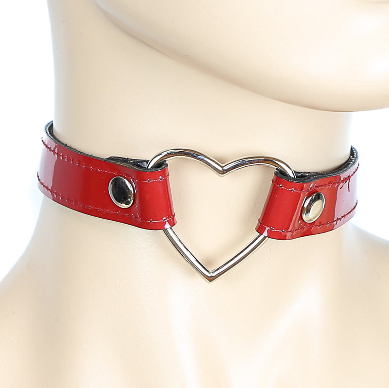 Patent Red Choker with Heart-Shaped Ring