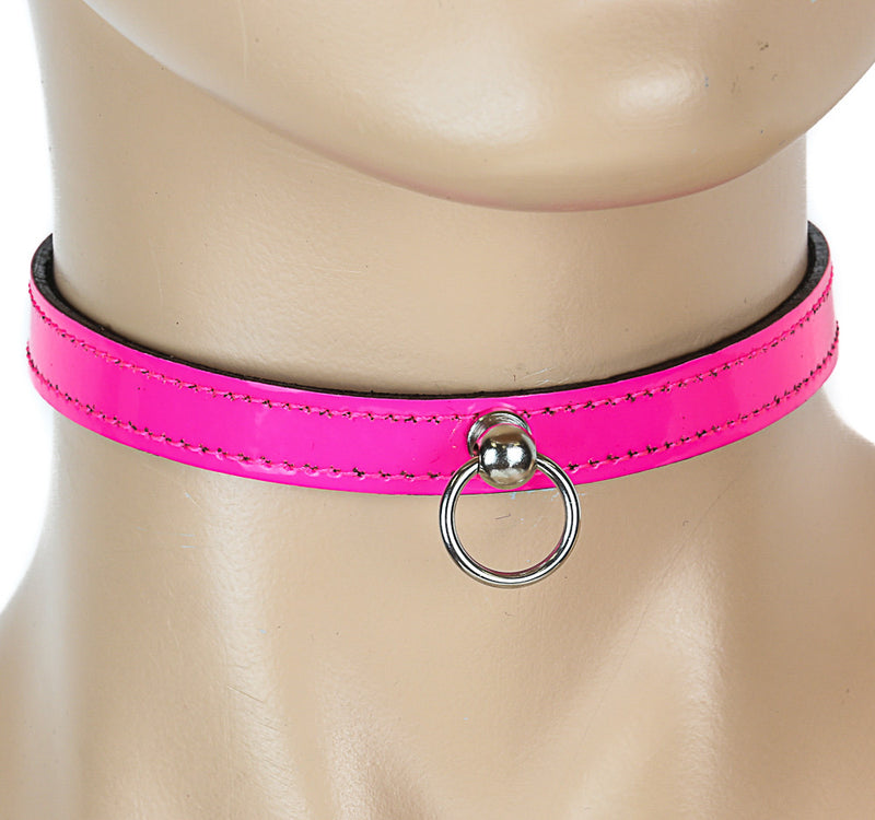 Bondage Thin Pink Leather Choker With Small Silver O Ring