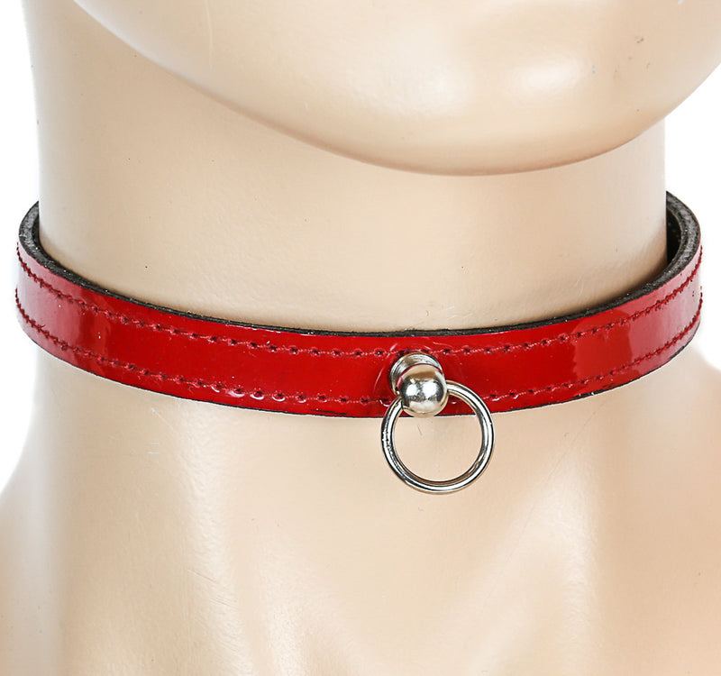Bondage Thin Red Leather Choker With Small Silver O Ring