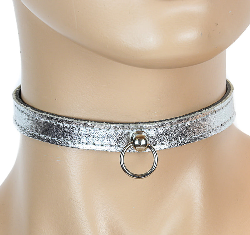 Bondage Thin Silver Leather Choker With Small Silver O Ring